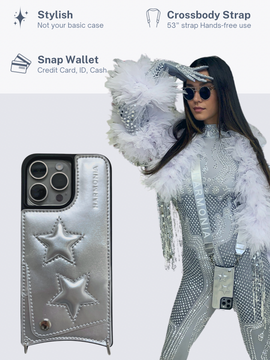 HARMONIA NY Stars Silver Crossbody Phone Case and Wallet - Compatible with iPhone 15 Pro Max
