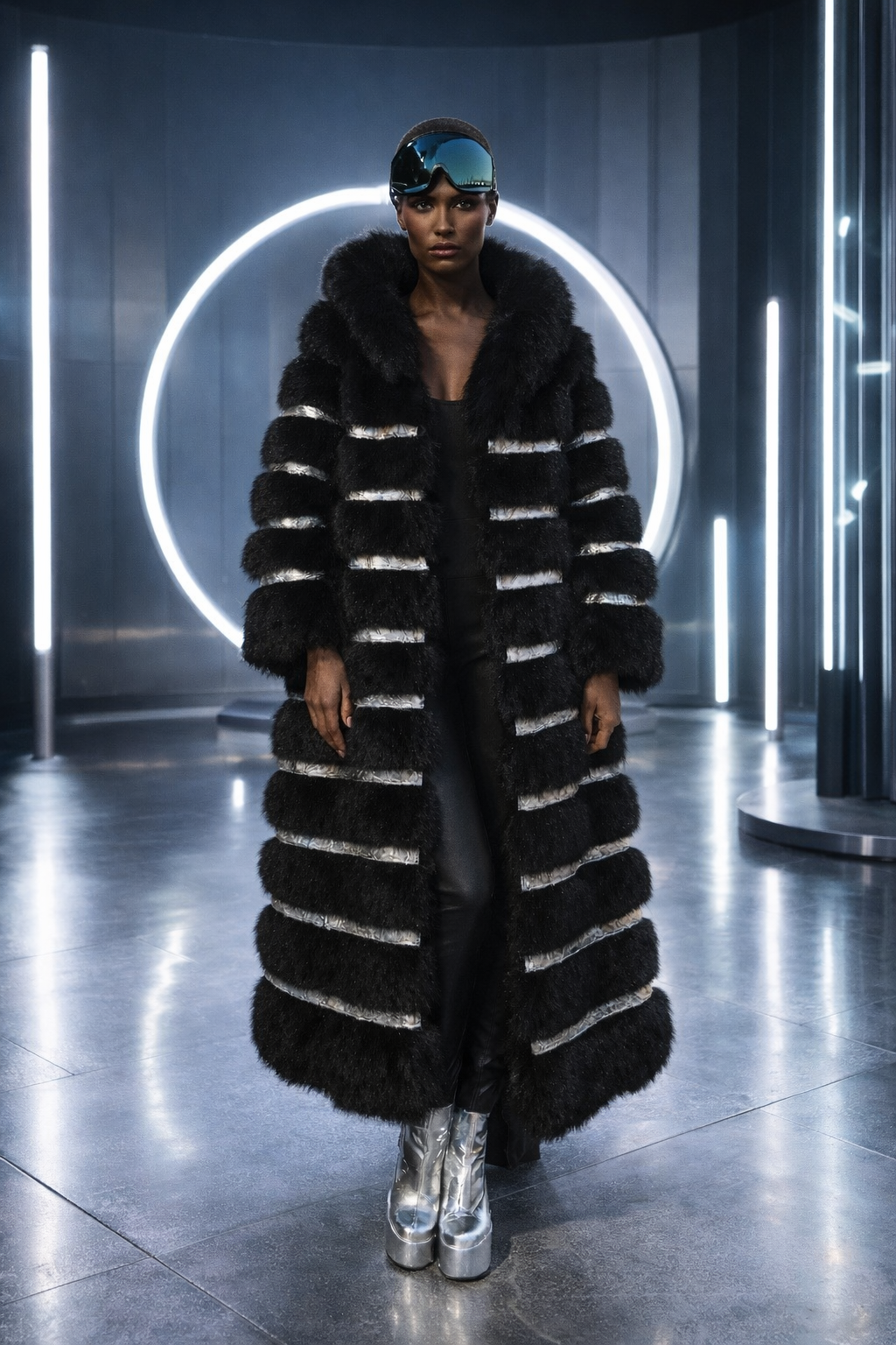 Crème de la Crème Noir Extra Long Hooded Faux Fur Coat by Dani Watanabe