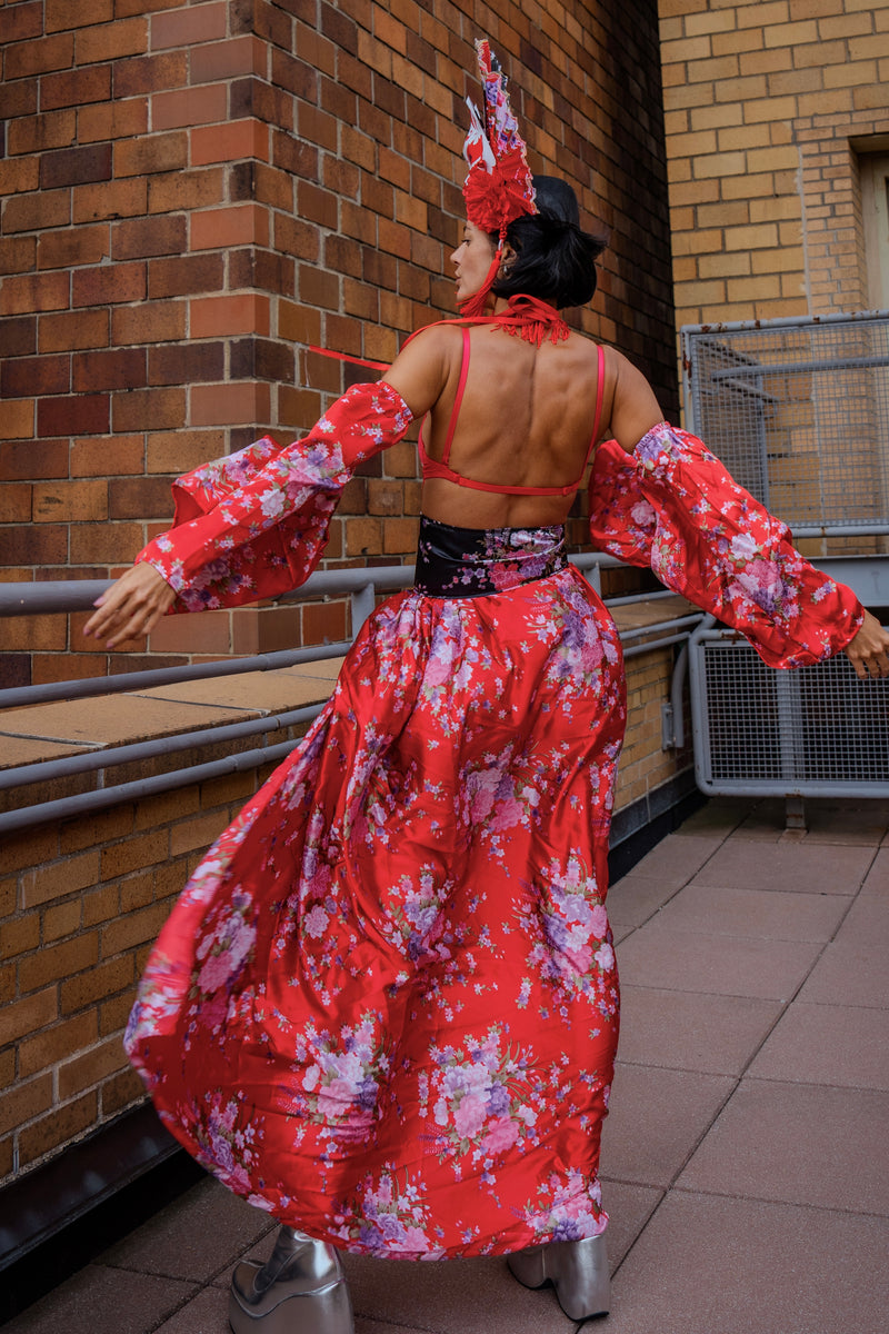 Jade Peony Mandarin Headpiece Skirt Sleeve Bra and Bottom Red Set