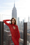 Scarlet Obsession Red Beaded Mesh Long Dress