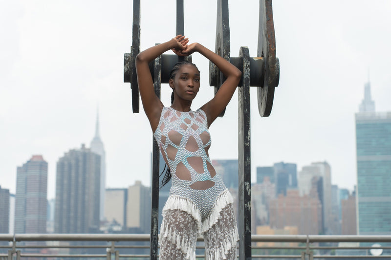 Bright Light Beaded Fringed White Lace Jumpsuit