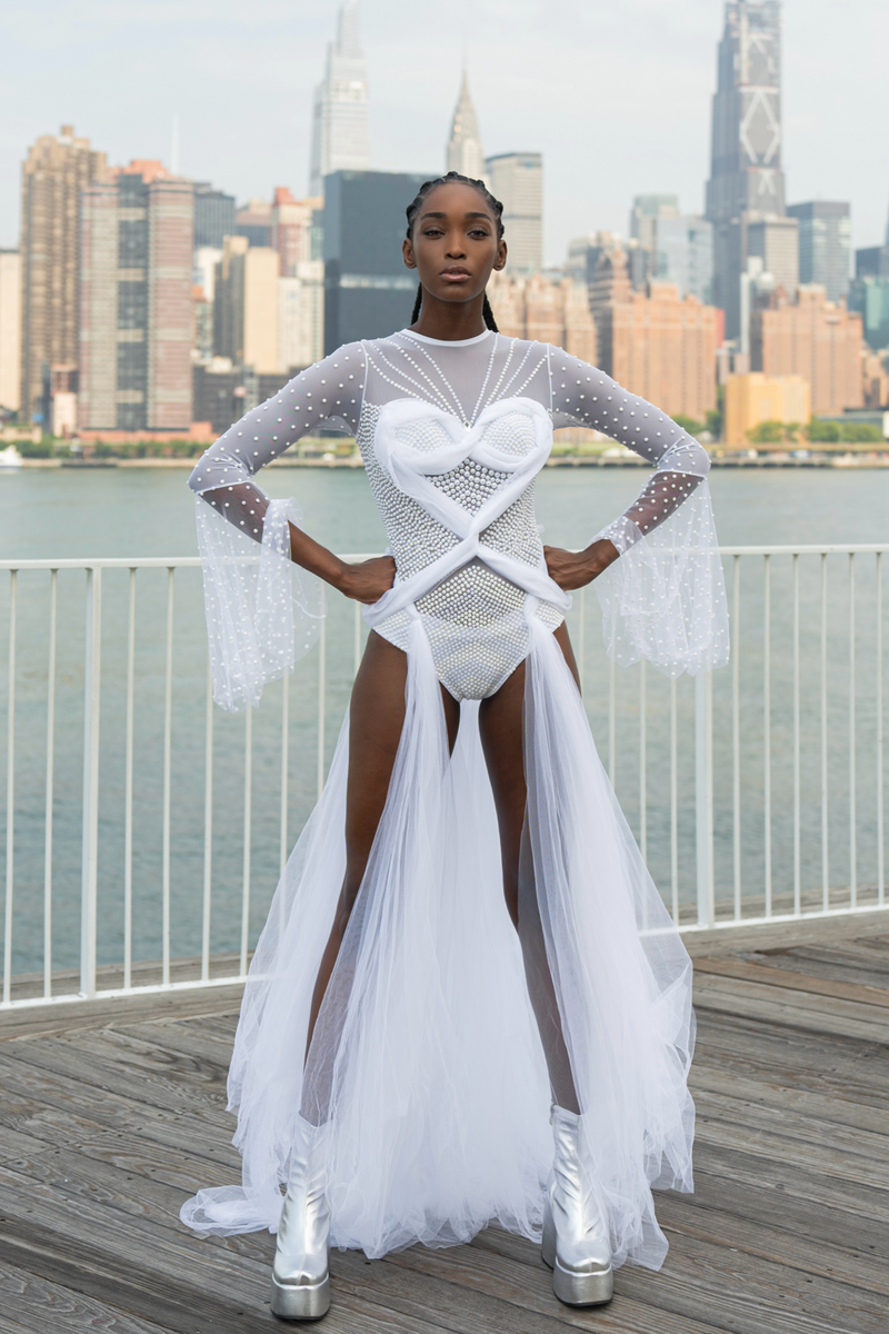 Cyber Duchess Tulle Skirt on White Beaded Bodysuit