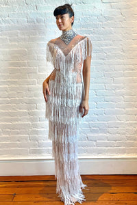 Sparkling silver fringe gown with crystal embellishments, perfect for festivals or stage wear at HARMONIA NY