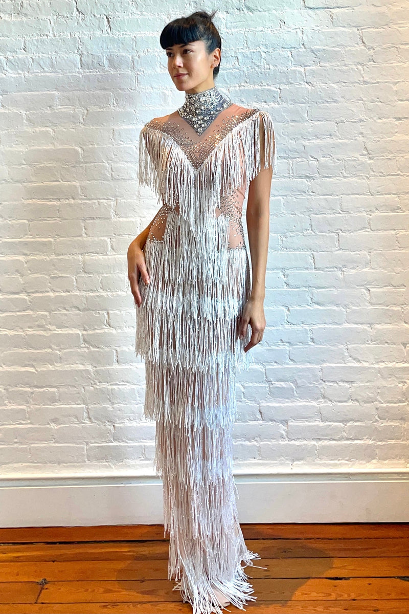 Sparkling silver fringe gown with crystal embellishments, perfect for festivals or stage wear at HARMONIA NY
