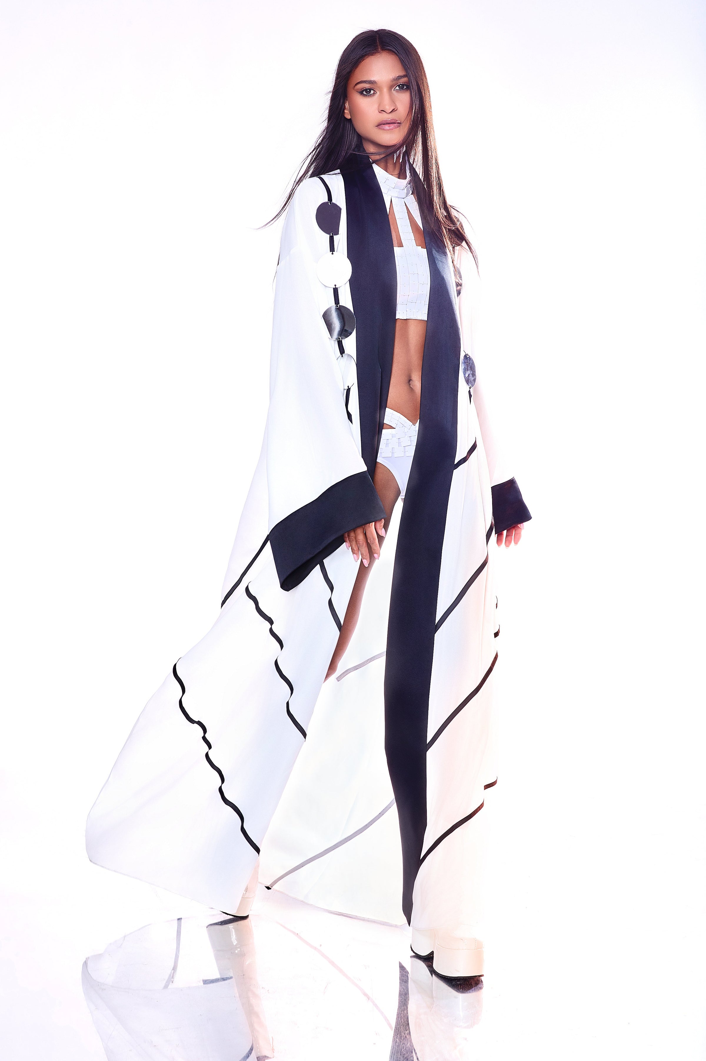 Higher Self HARMONIA X KIKIRIKI Black and White Kimono with Mirrors
