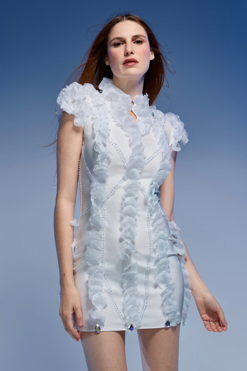 Ethereal Allure 3D Flowers Asian Style Cocktail  White Dress