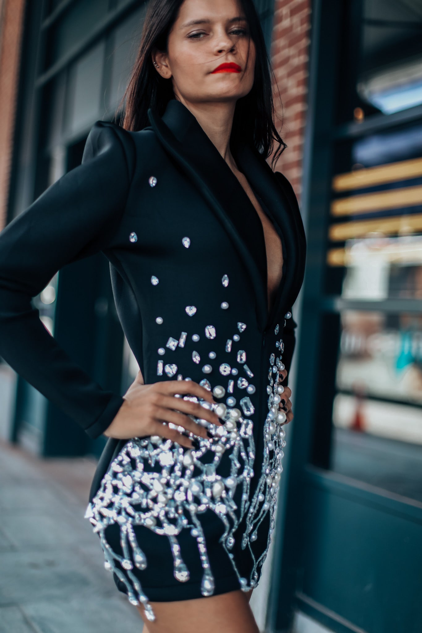 black and silver blazer dress Silver Night Black Sequin Crepe Tuxedo Blazer Dress L / 10-12