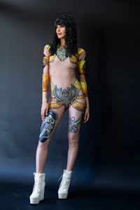 Egyptian goddess festival bodysuit with beaded headdress & white platform boots, HARMONIA NY
