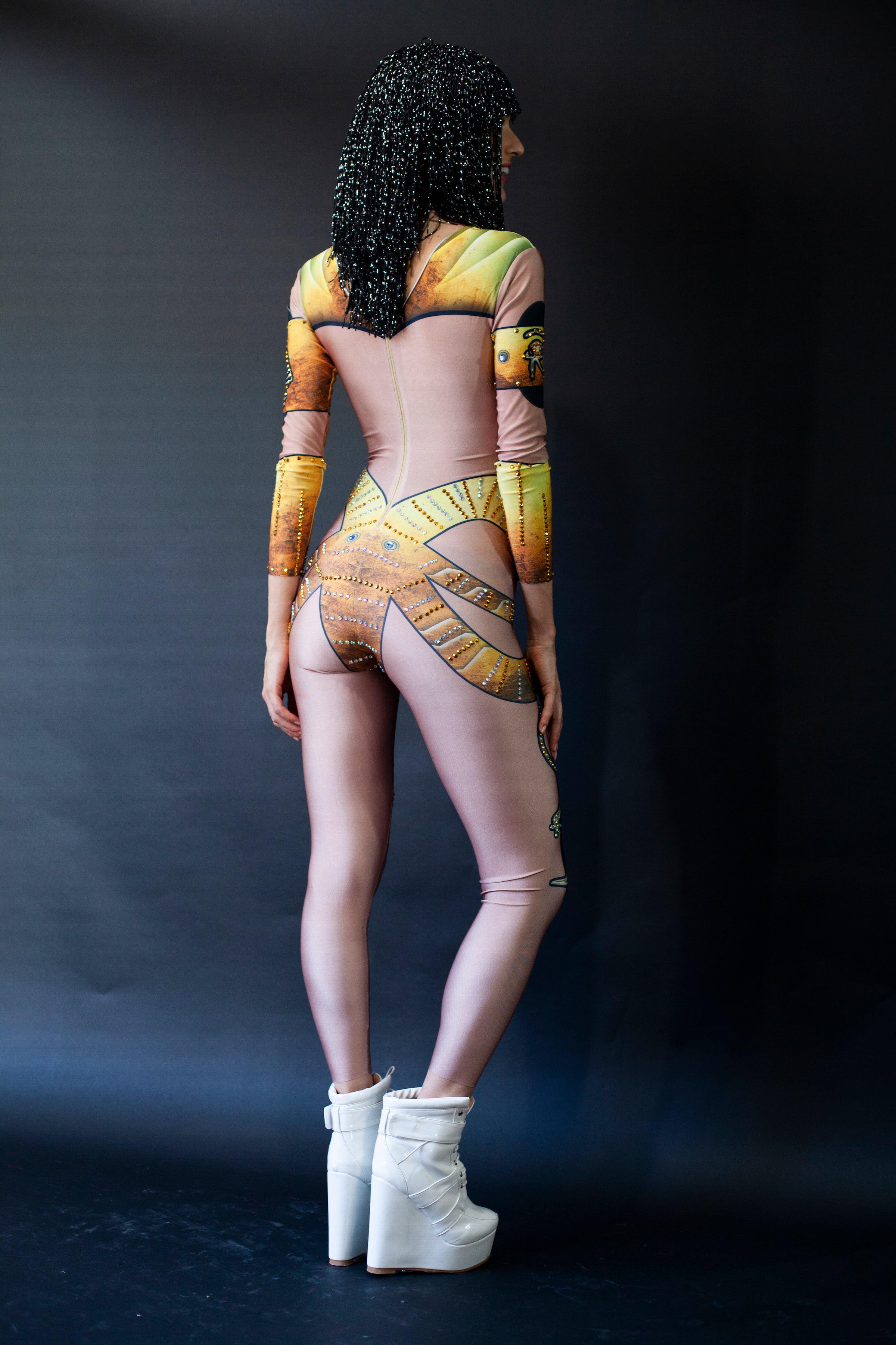 Bold festival bodysuit with gold accents & rhinestones, styled by HARMONIA NY for Burning Man or Coachella