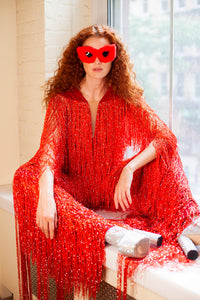 Bold red fringe festival dress with matching heart mask by HARMONIA NY, perfect for Coachella or Burning Man