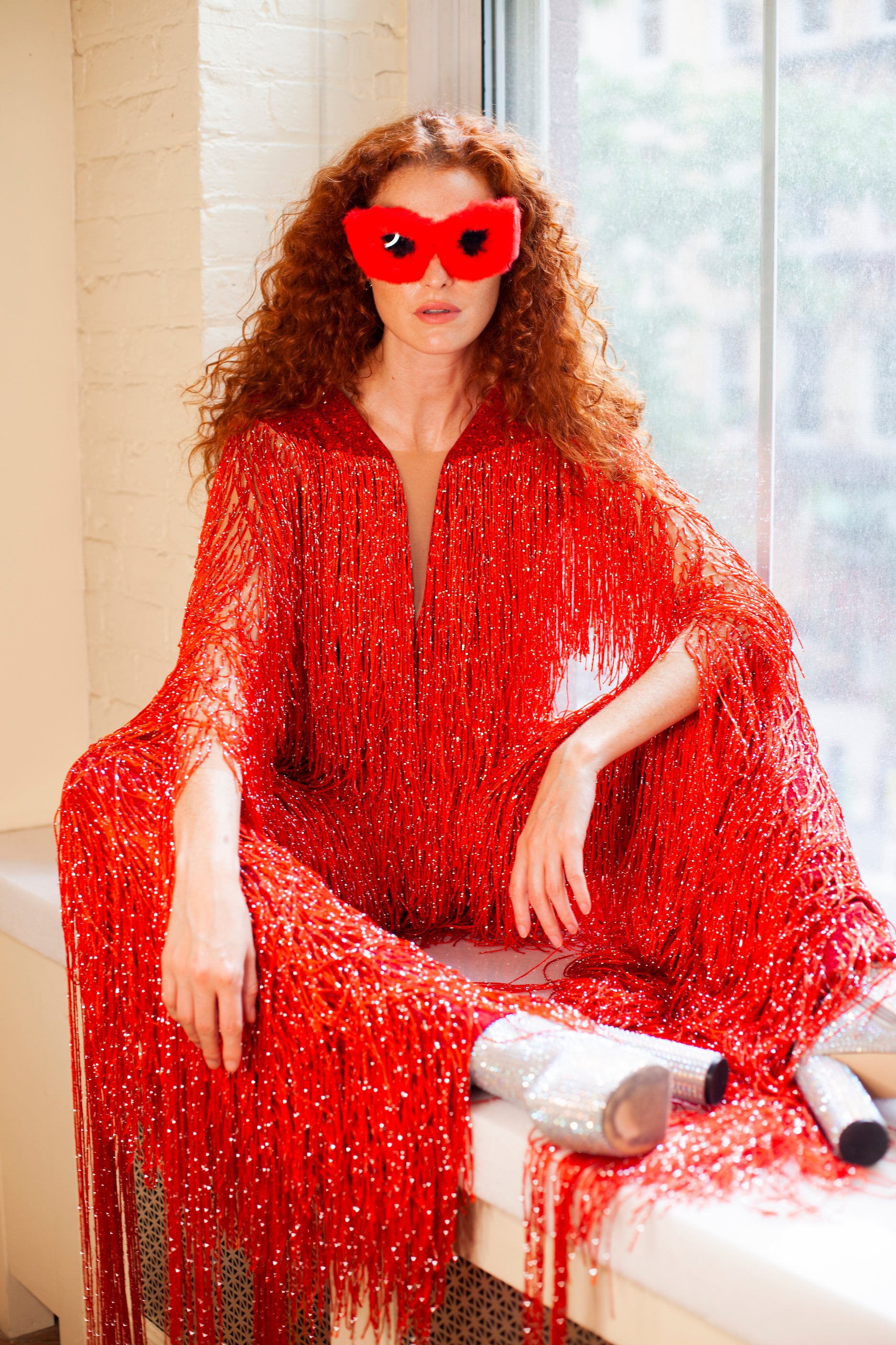 Bold red fringe festival dress with matching heart mask by HARMONIA NY, perfect for Coachella or Burning Man