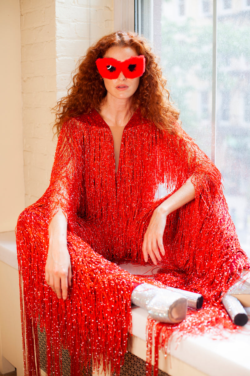 Bold red fringe festival dress with matching heart mask by HARMONIA NY, perfect for Coachella or Burning Man