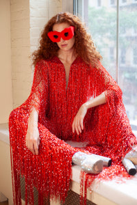 Bold red fringe dress & heart sunglasses by HARMONIA NY for festival, stage, or Halloween wear