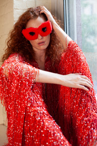 Bold red fringe festival dress & mask by HARMONIA NY, perfect for Burning Man or Coachella vibes