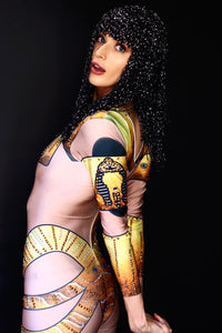 Egyptian goddess festival bodysuit with beaded details & sparkly wig by HARMONIA NY
