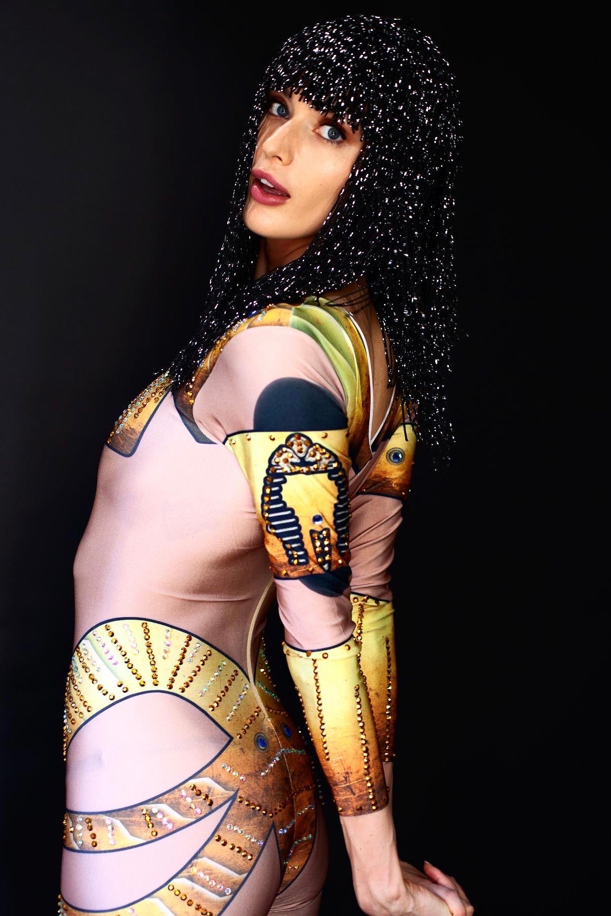 Egyptian goddess festival bodysuit with beaded details & sparkly wig by HARMONIA NY