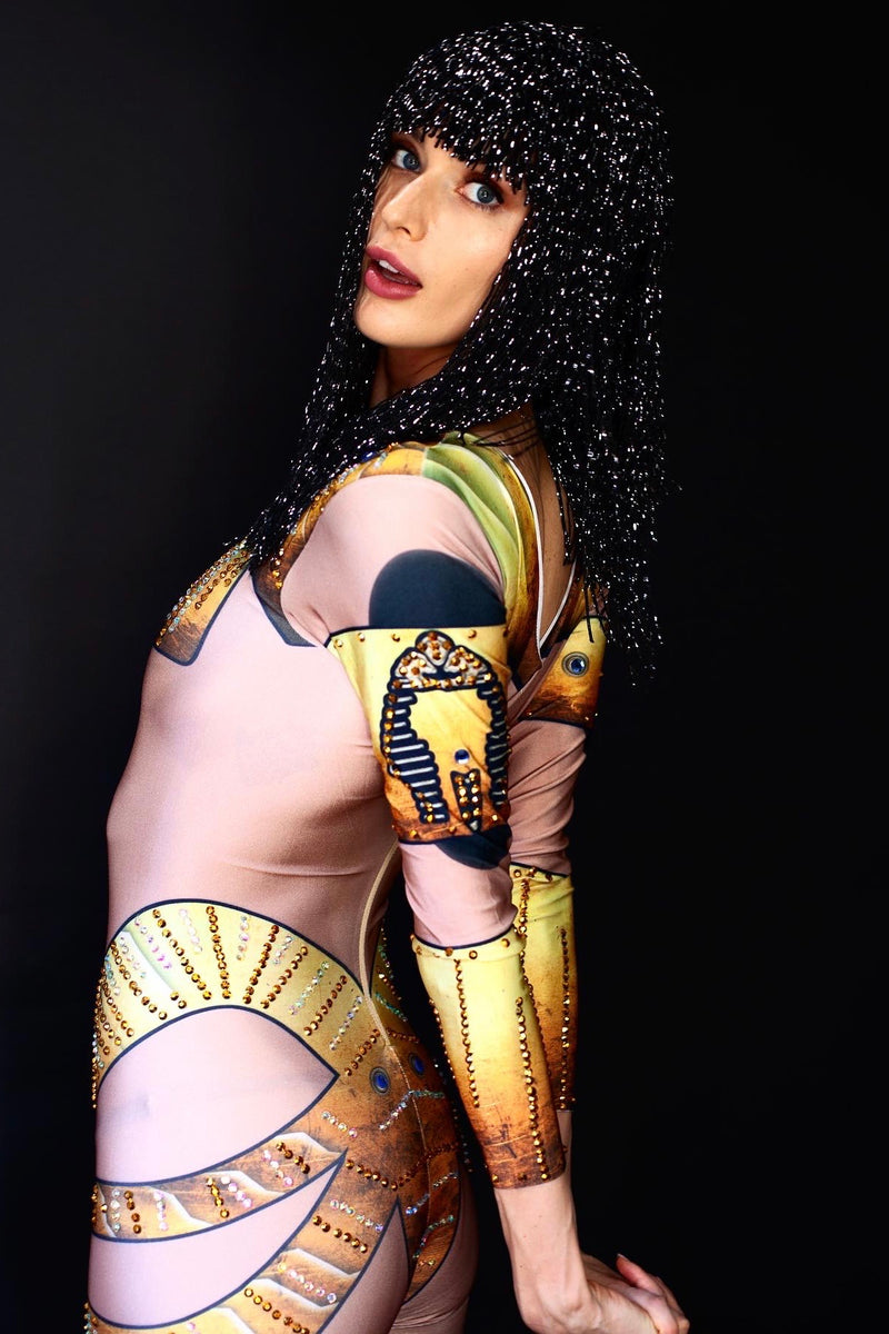 Egyptian goddess festival bodysuit with beaded details & sparkly wig by HARMONIA NY