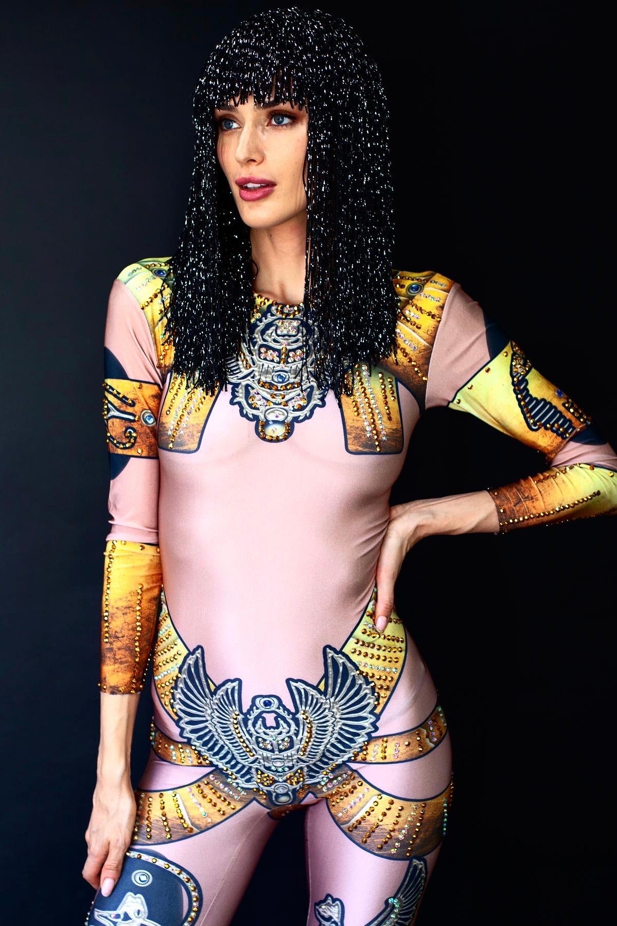 Egyptian goddess festival bodysuit with gold wings & beads, HARMONIA NY