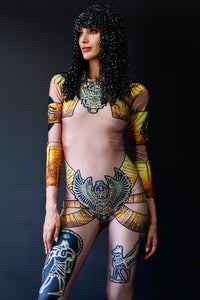 Egyptian goddess festival bodysuit with beaded headdress, perfect for Burning Man or Coachella — HARMONIA NY