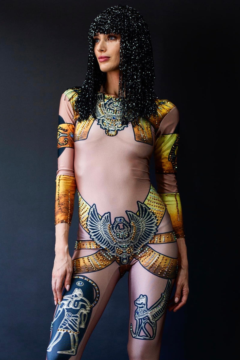 Egyptian goddess festival bodysuit with beaded headdress, perfect for Burning Man or Coachella — HARMONIA NY