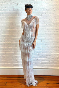 Sparkling silver fringe gown with crystal embellishments, perfect for festivals or stage wear at HARMONIA NY