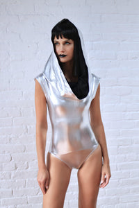 GALACTIKA metallic hooded bodysuit Silver - Harmonia
