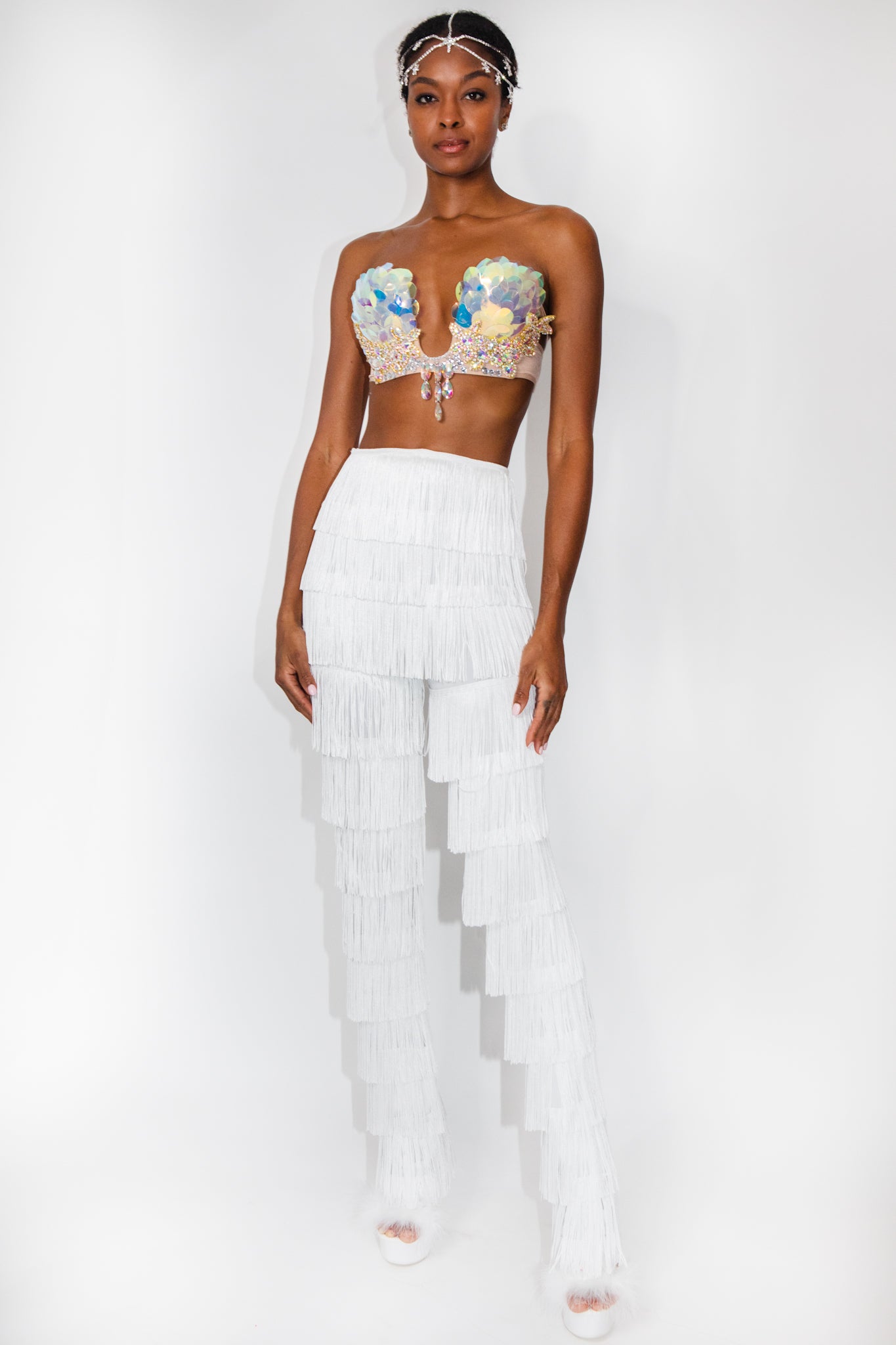 Genny semi-sheer fringed trousers - White